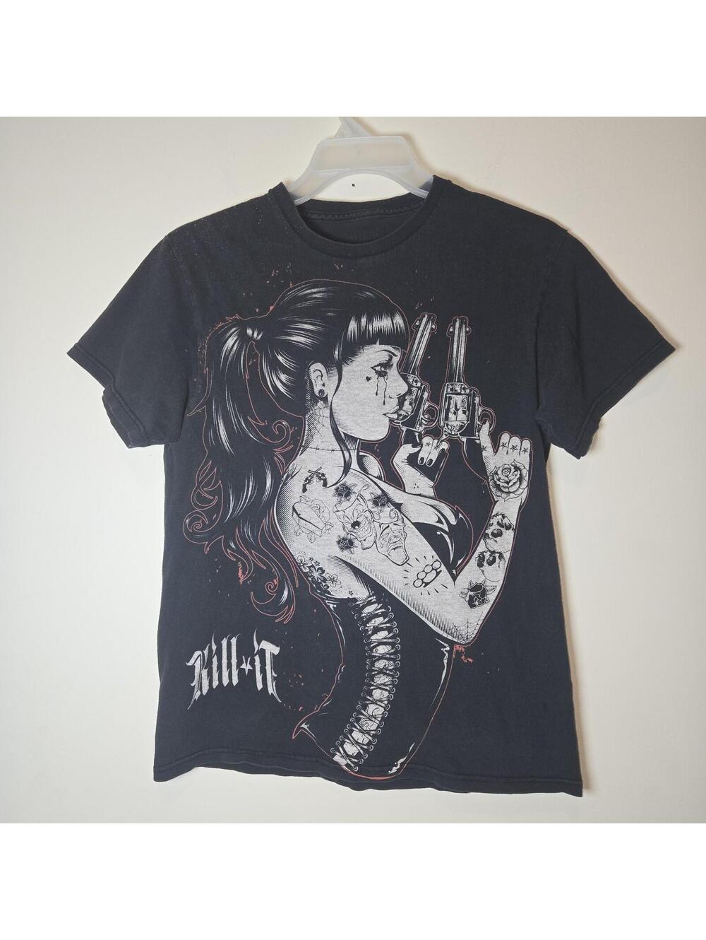 KILL IT CLOTHING  "Crying Woman Holding Guns" Black T-Shirt Rose Women sz M READ